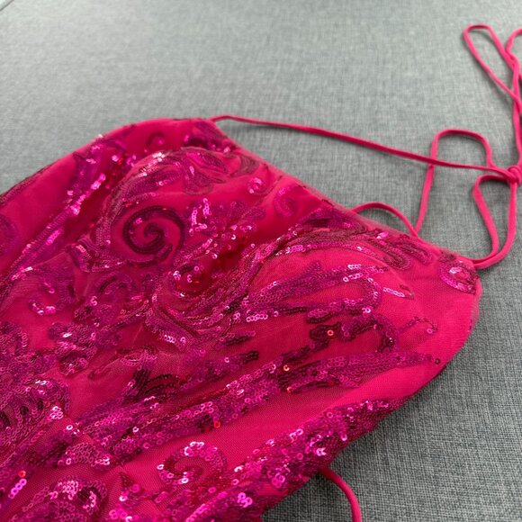 Pink Sequin Mini Dress Tie Open Back Cocktail, Party, Prom Size 2 Small Zipper - Picture 11 of 14